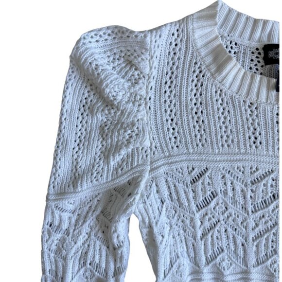 White Puff Sleeve Pointelle Knit Sweater Feminine Textured Pullover Size S/M/L - Picture 4 of 7